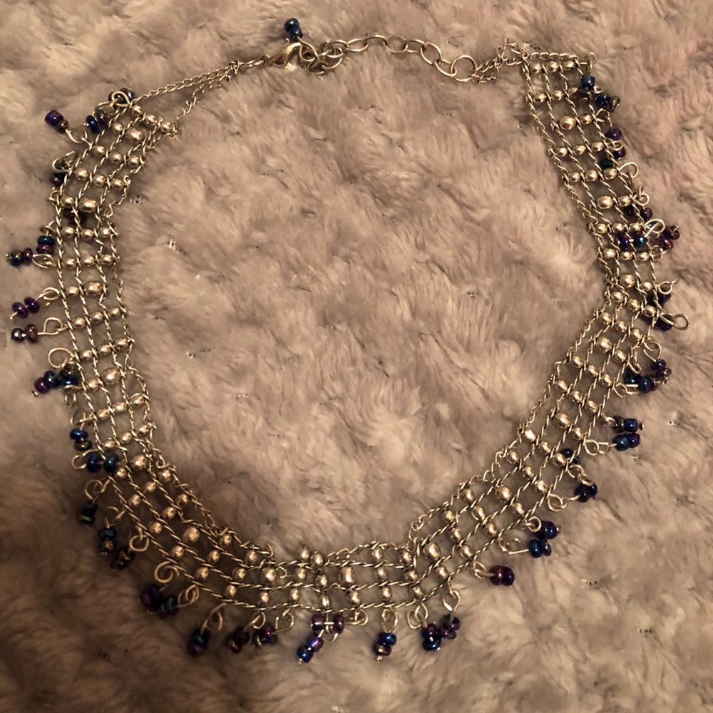 Layered Silver Chain Necklace with Blue and Purple Beads